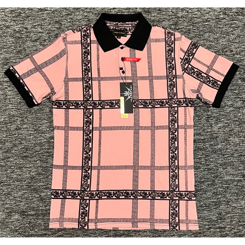 American Breed Mens Pink Baroque Greek Key Print Polo Shirt ARHFL-7 NWT Size M